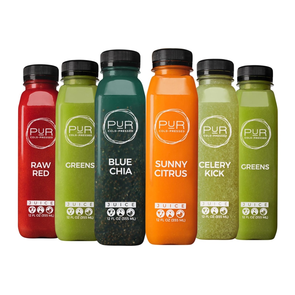 PUR Cold-Pressed Juice – 7-Day Signature Juice Cleanse – Natural Reset Supports Wellness, Digestion & Energy – Greens, Celery Kick, Blue Chia, Sunny Citrus & Raw Red – 42 Bottles