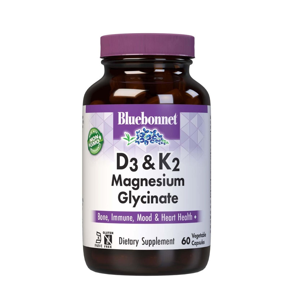 BlueBonnet Nutrition Vitamin D3 50 mcg (2000 IU), K2 100 mcg, & Magnesium Glycinate 200 mg – for Bone & Heart Health - Non-GMO, Kosher, & Gluten-Free – 60 Vegetable Capsules, 30 Servings