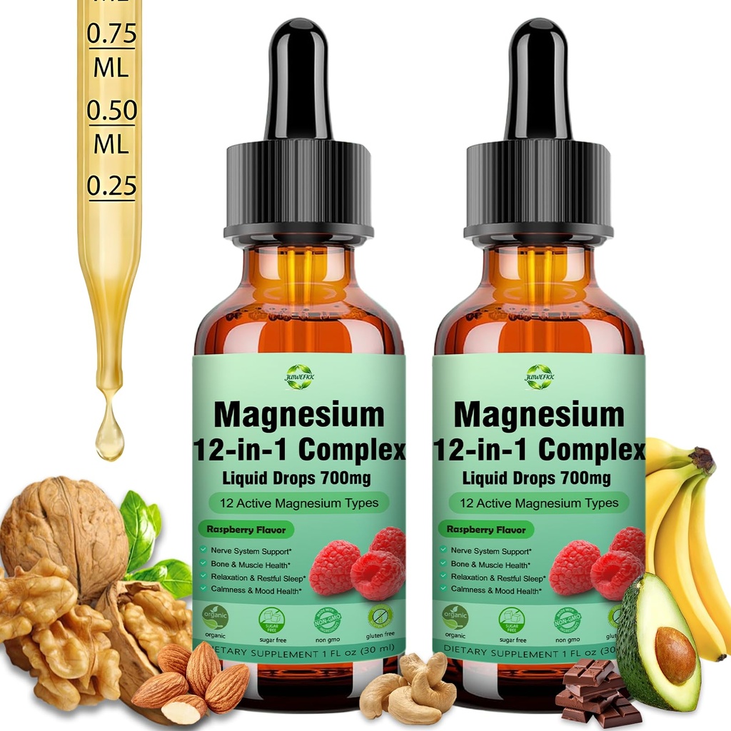 2 Pack Magnesium 12 in 1 Complex Liquid Drops 700mg, High Absorption Magnesium Glycinate Citrate Malate Taurate & 8 Forms, Magnesium Complex Blend Supplement for Sleep Muscle Nerve Energy Heart Health