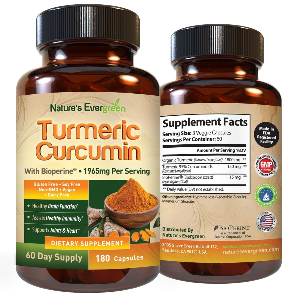Kurkuma Curcumine met Black Pepper Extract (Bioperine) & Organic Turmeric Vegan Joint Support Supplement. Extract 95% Curcuminoïden 1965mg Supplement voor gezonde gewrichten en immuunondersteuning. 180 capsules