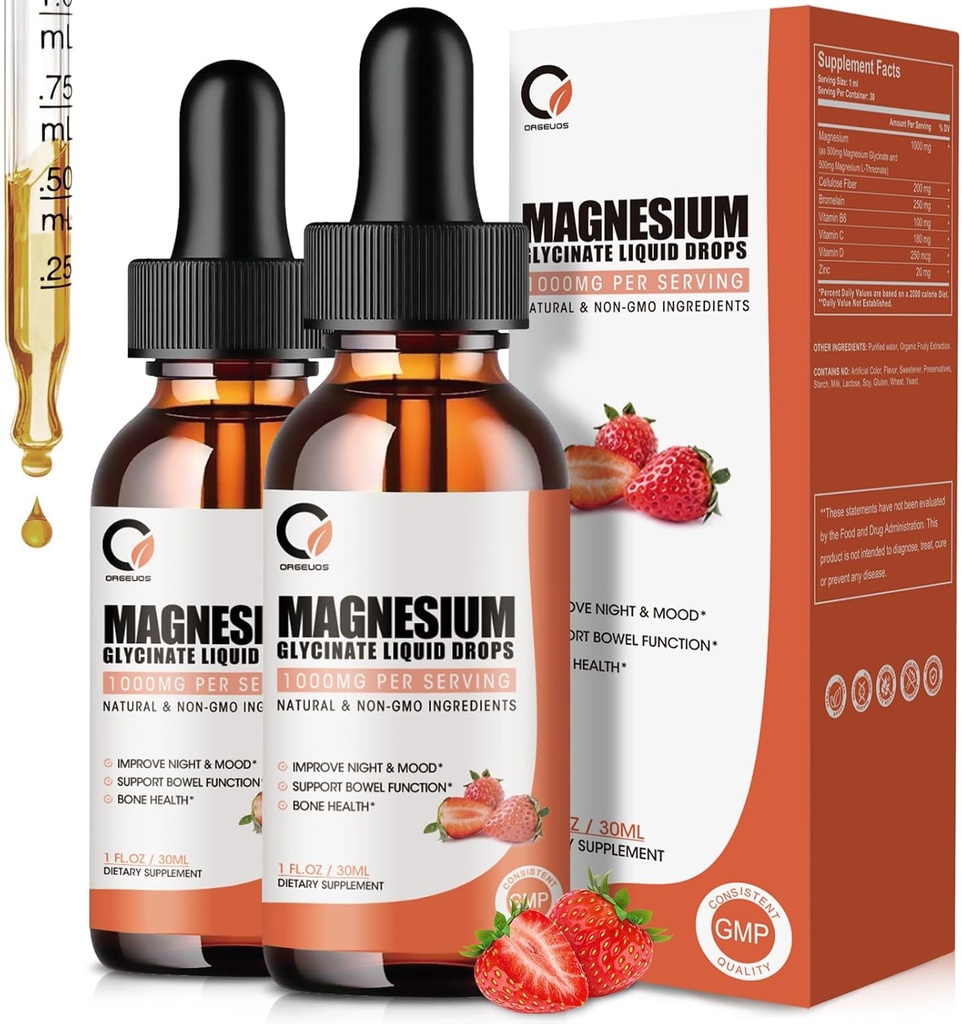 Magnesium Glycinate Liquid Drops, 1000 mg Liquid Magnesium Supplement met Bromelain, Vitamine B6 C D, Hoge Absorptie Magnesium Complex voor Nacht, Spier en Energie Ondersteuning, 1 Fl Oz (Pack of 2)