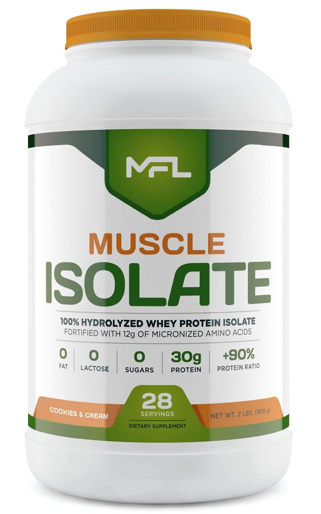 MFL 100% Isolate Protein l 30g of Protein l 12g Amino Acids l Keto Friendly l Low Carbs l 2 lbs. (Cookies & Cream)