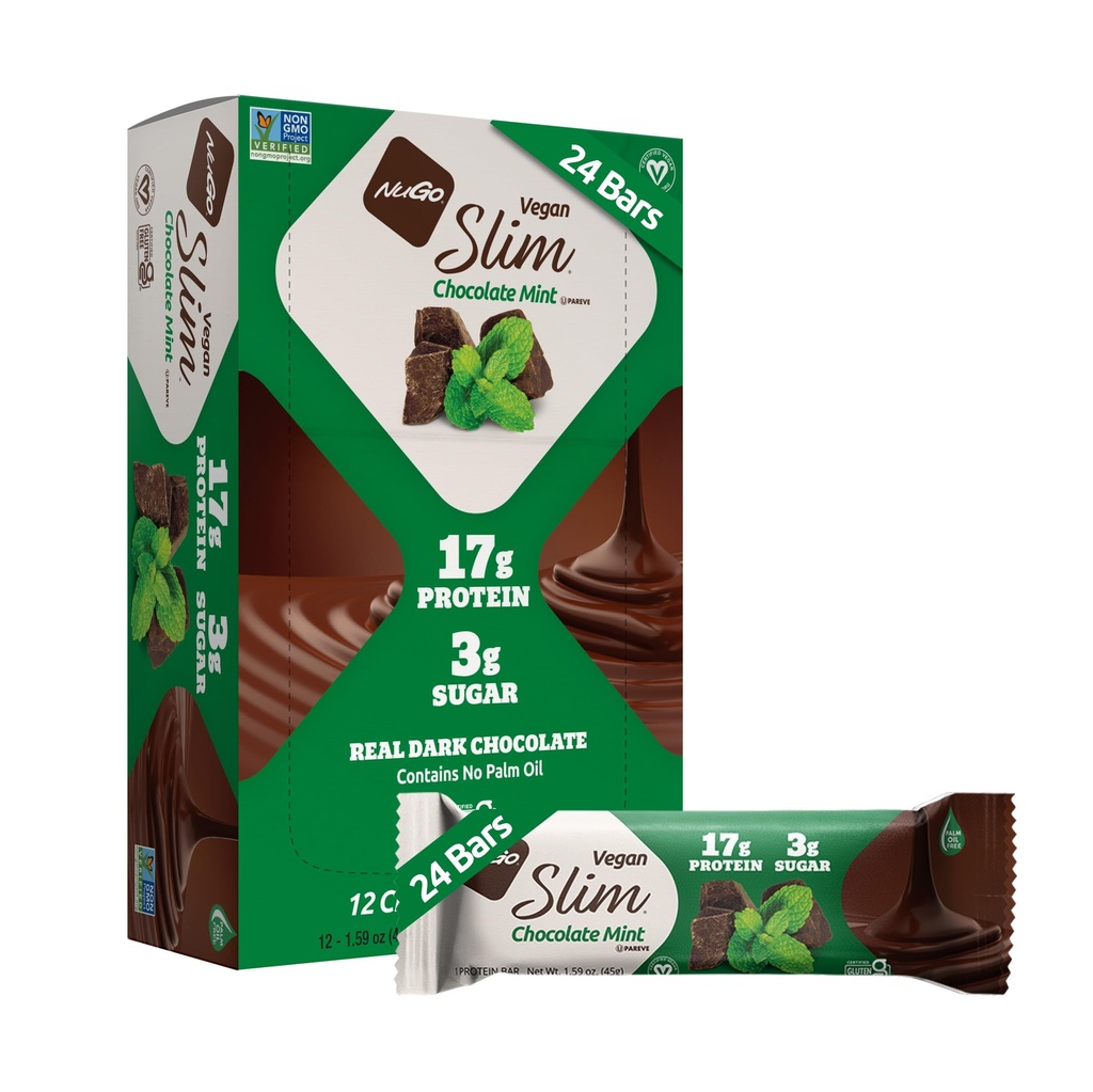 Nugo Slim Dark Chocolate Mint, 18g Vegan Protein, 3g Suiker, 6g Vezel, Low Net Carb, Keto vriendelijk, Glutenvrij, 24 Tellen