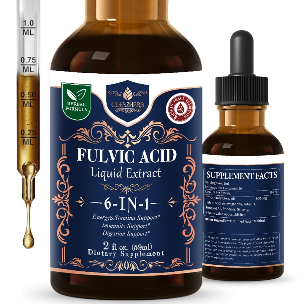 CLENZHERB Fulvic Acid + Herbal Extract Drops for Energy & Stamina, 6-in-1 Fulvic Humic Acid Complex Liquid for Immune & Digestion Support w/Rhodiola and Ginseng. Non-GMO & Gluten Free, 2oz