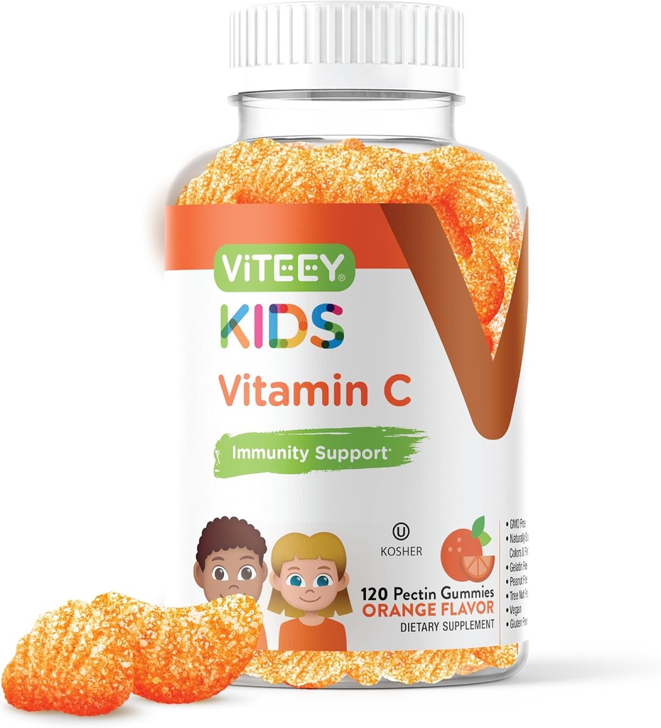 Viteey Kids Vitamine C Gummies - Immuun Ondersteuning voor kinderen, peuters, & tieners - Veganistisch, Gelatine Vrij, Glutenvrij, GGO-vrij - Smakelijk Kauwbare Oranje Gearomatiseerde Immuniteit Gummy