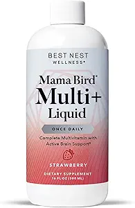 Best Nest Wellness Mama Bird Liquid Multi Plus - vloeibare multivitamine voor hersenen en energie ondersteuning Gemethyleerde vitamines - Voorzichtige spijsverteringsformule - aardbei, 16 fl oz (60 porties)
