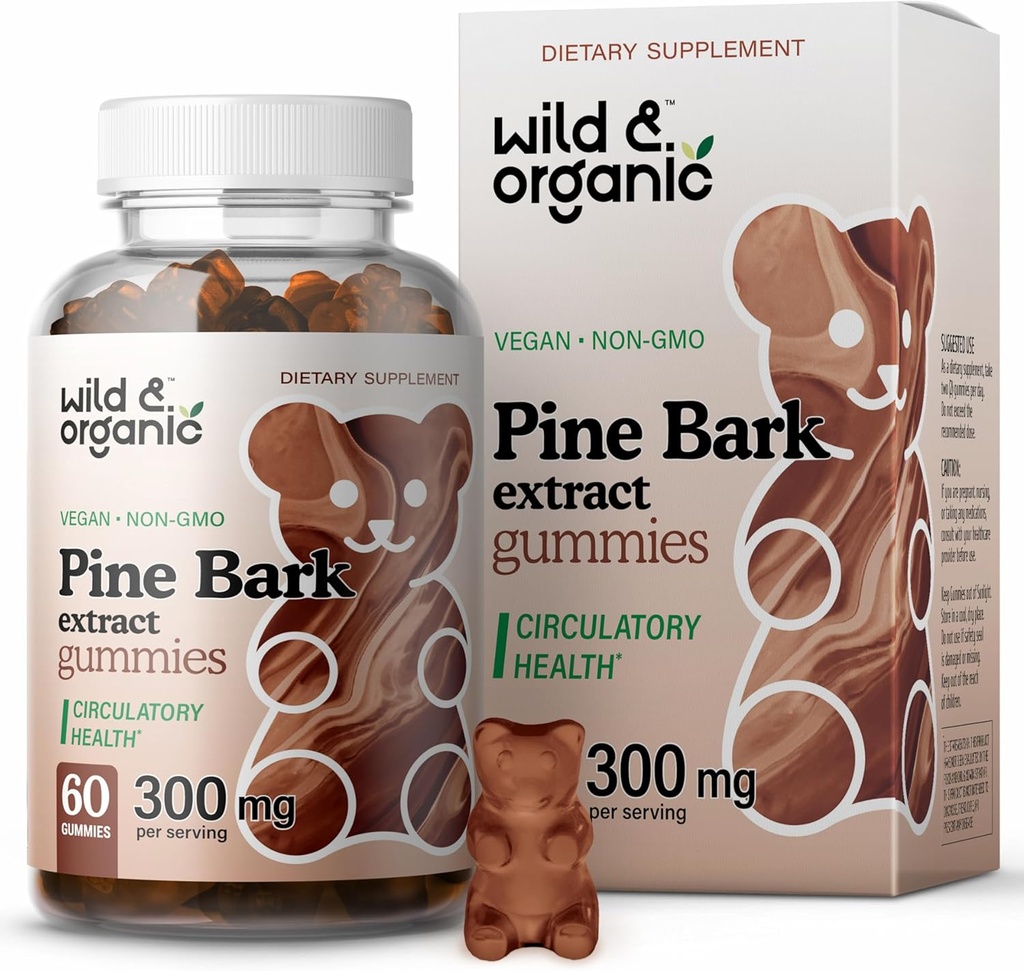 Wild & Organic Pine Bark Extract Gummies 300mg - Antioxidant Ondersteuning w/Franse maritieme pijnboomboom - Pinus Pinaster Supplementen - 60 Antioxidant Gummies - Vegan, Non-GMO