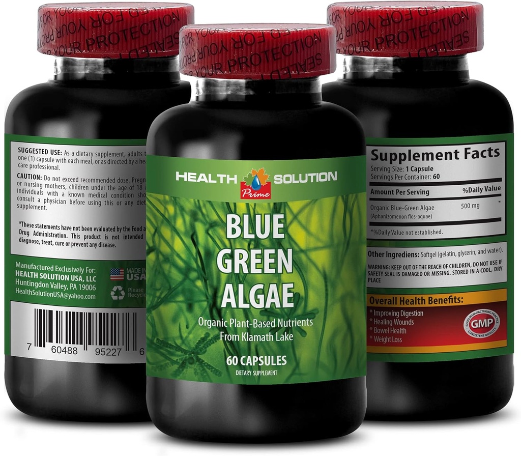 Blue Green Algen Superfood - Blue Green Algen - Blue Green Algen for Immunity - Klamath Shores Blue Green Algen, Digestie Supplement, Immune Support Supplement, Blue Green Algen Powder, 1b 60 Caps