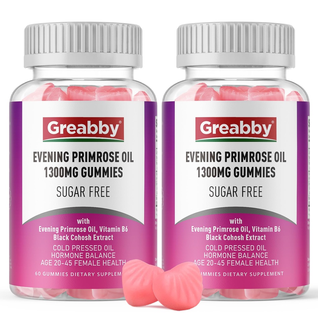 Evening Primrose Oil Gummies 1300mg with Black Cohosh & Vitamin B6, Sugar-Free, PMS Relief Supplements for Women 20-45, Chewable PMS Gummies, Strawberry Flavor, Vegan, Pectin, 120 Count