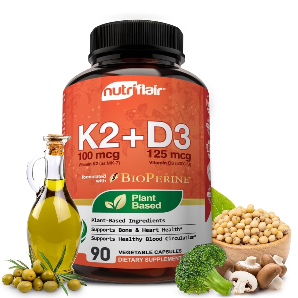 NutriFlair Vitaminen D3 (5000iu/125mcg) + K2 (als Mk7) - Gemaakt met plantaardige ingrediënten Plus BioPerine Black Pepper Extract, 90 Capsules - Ondersteunt gezonde Immune, Hart en Gezondheid - Non-GMO Pillen