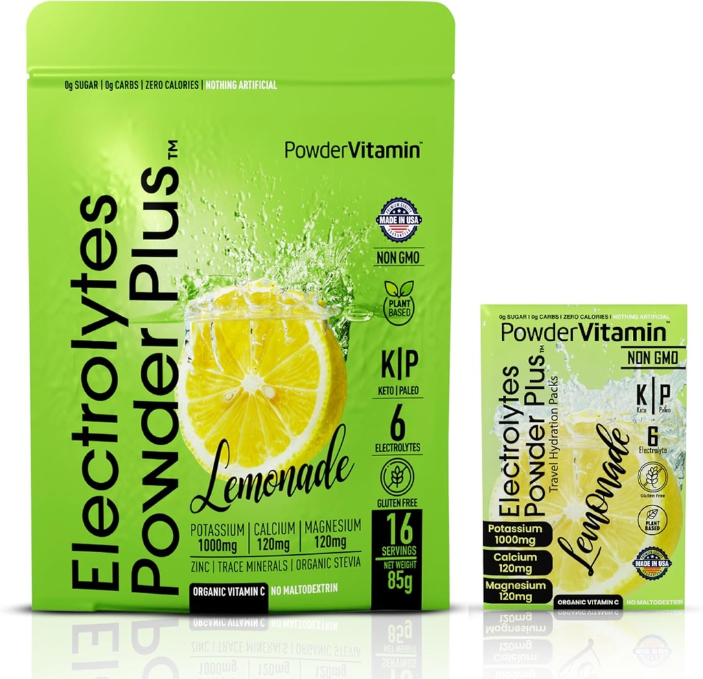 PoederVitamine Electrolytes Powder Plus, Keto, Limonade, Suikervrij, Roze Himalaya Zout, 1000mg Kalium, 120mg Calcium, 120mg Magnesium, Non-GMO, Zero Calories, (16 Hydration Packets)