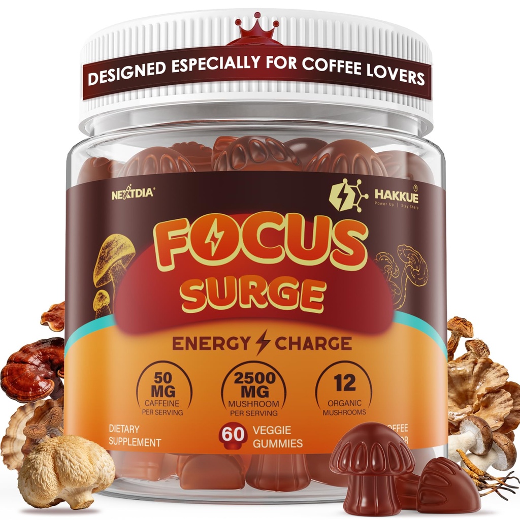 Focus Gummies with 12 Mushrooms, Lion's Mane & Caffeine, Nootropic Brain Gummies for Memory, Cognitive & Energy, Brain Health Supplements for Adults, No Jitters, No Lag, No Crash, Coffee Flavor,120Cts