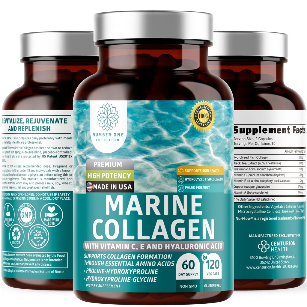 Gehydrolyseerde mariene collageen met hyaluronzuur, vitamine C, theaflavine en koper, collagen supplement voor vrouwen en mannen voor stralende huid, haar en nagels, glutenvrij en niet-GMO, 120 Veg caps