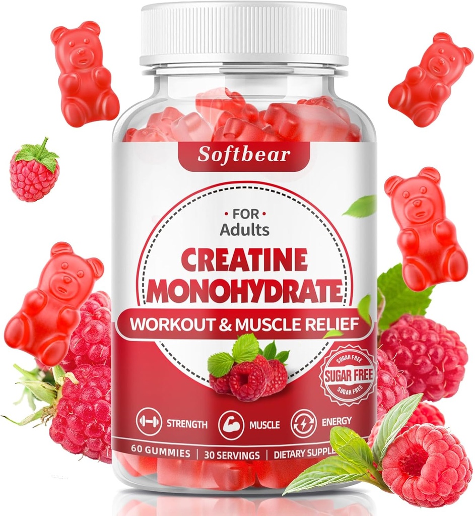 softbear Creatine Monohydraat Gummies voor mannen Vrouwen, Vegan Creatine Supplement 5000mg Creatine HCL Pre Workout Gummies voor spier Builder Strength Raspberry Flavor 60 Tellen