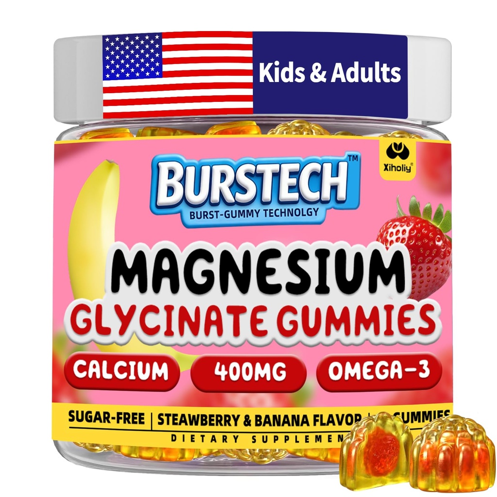 Magnesium Glycinate Gummies 400MG for Adults & Kids, Magnesium Bisglycinate Supplement with Calcium Omega-3, for Sleep, Stress, Muscle & Nerve - No Melatonin, Vegan (60 Count, Strawberry & Banana)