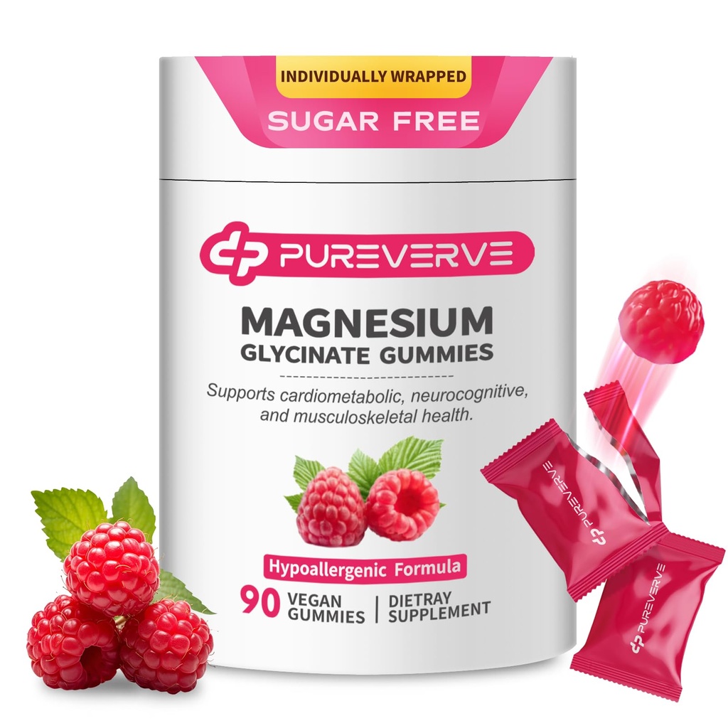 Magnesium Glycinate Gummies 300mg - 90 Count Individually Wrapped, Low-Allergy Formula, Supports Cardiovascular Health, Cognitive Function & Muscle-Bone Strength, Non-GMO, Gluten & Soy Free