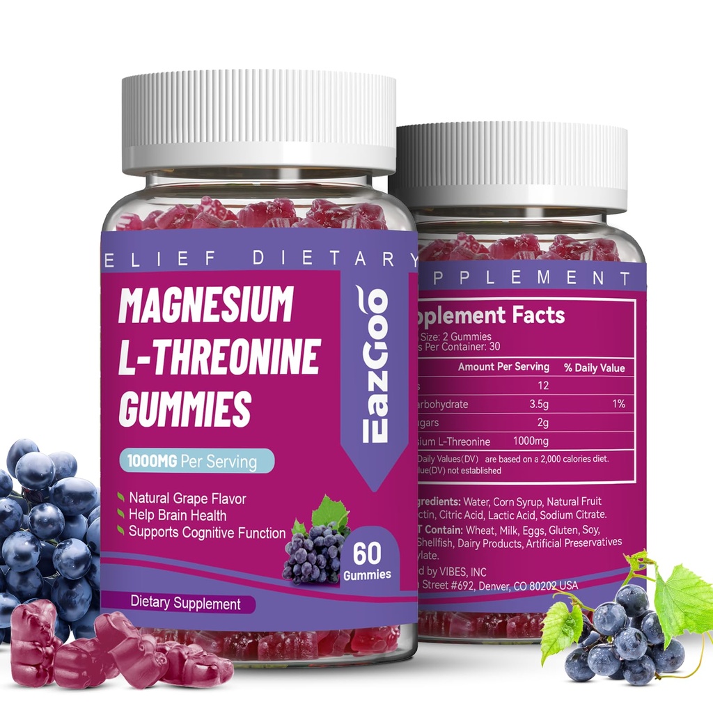 Magnesium Threonine Gummies 1000mg, L-Threonine Gummies for Adults, Great Magnesium Supplements for Brain, Non-GMO, Gluten Free, Vegan, 120 Grape Magnesium Gummies