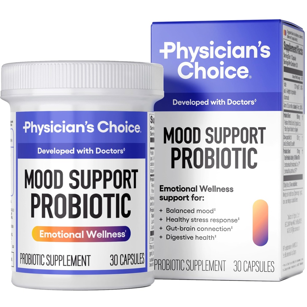 Physician's CHOICE Mood Support Probiotic - Supports a Balanced Mood, Healthy Stress Response & Digestive Health with Prebiotics, Ashwagandha, Vitamin B12, Folate - for Men & Women - 30ct