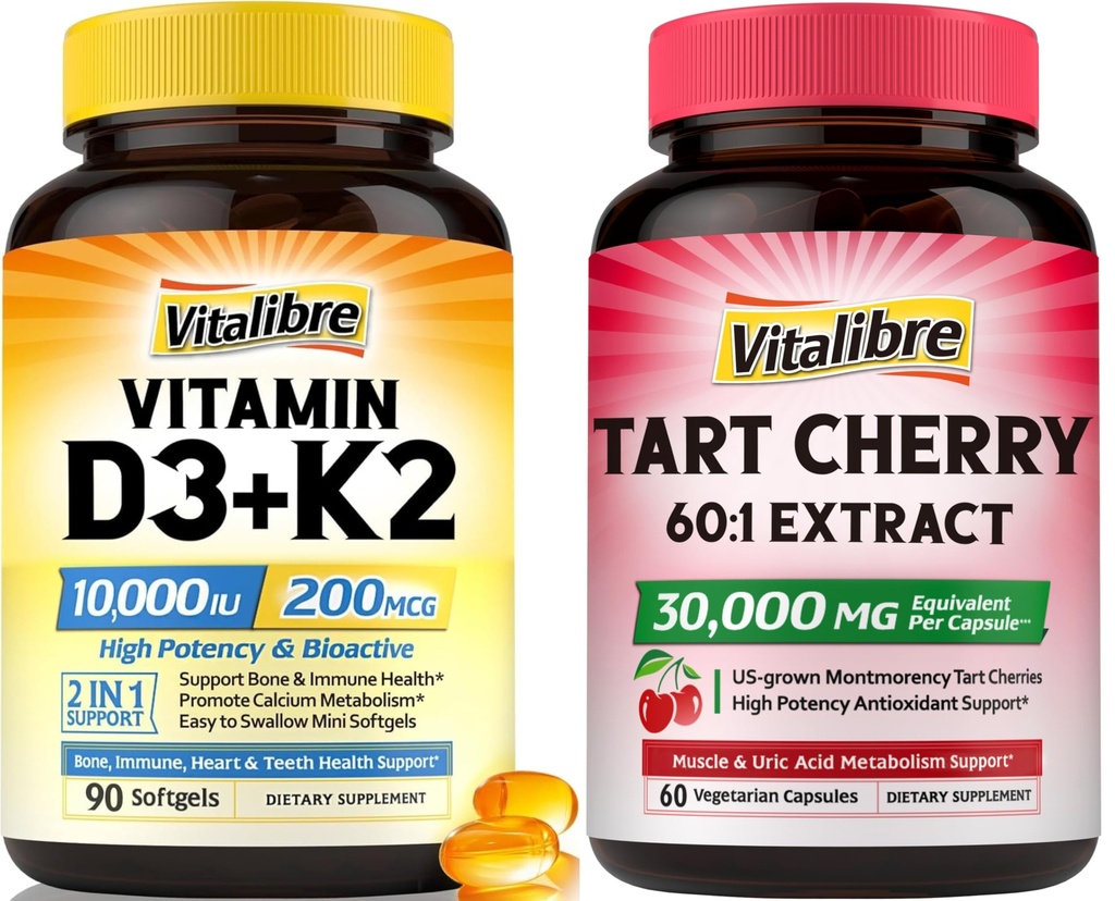 Vitalibre Vitamin D3 K2 Supplement 10000 IU 90 Softgels and Tart Cherry Capsules 60 Capsules