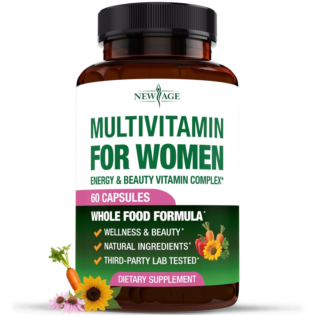 NEW AGE Multivitamin for Women - B-Complex, Whole Foods, Hair Support, Iron - All in1 Womens Multivitamin - Bioavailable & Gentle on Stomach - Made in USA - 60 Count
