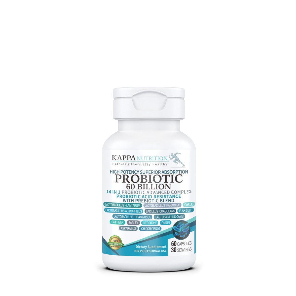 KAPPA NUTRITION Probiotic 60 Miljard CFU 14 in 1 Formule met Prebiotica & Acidophilus voor vrouwen, mannen & volwassenen, Plank Stable, zuurbestendig, Natural Supplement 60 Capsules.