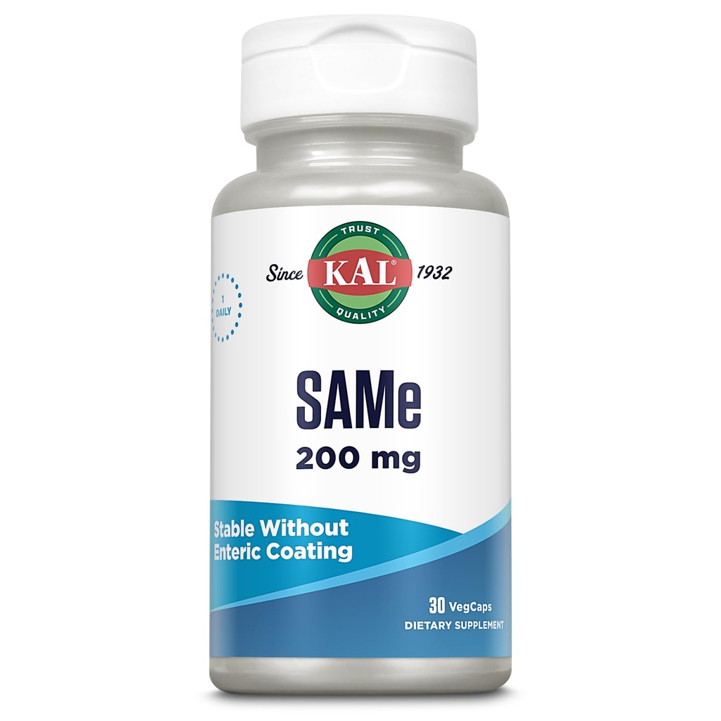 KAL Same 200mg (S-adenosyl-L-methionine), Nervous System, Wellbeing and Mood Support Supplement, Enhanced Absorption, No Enteric Coating Needed, Vegetarian, 60-Day Guarantee, 30 Serv, 30 VegCaps