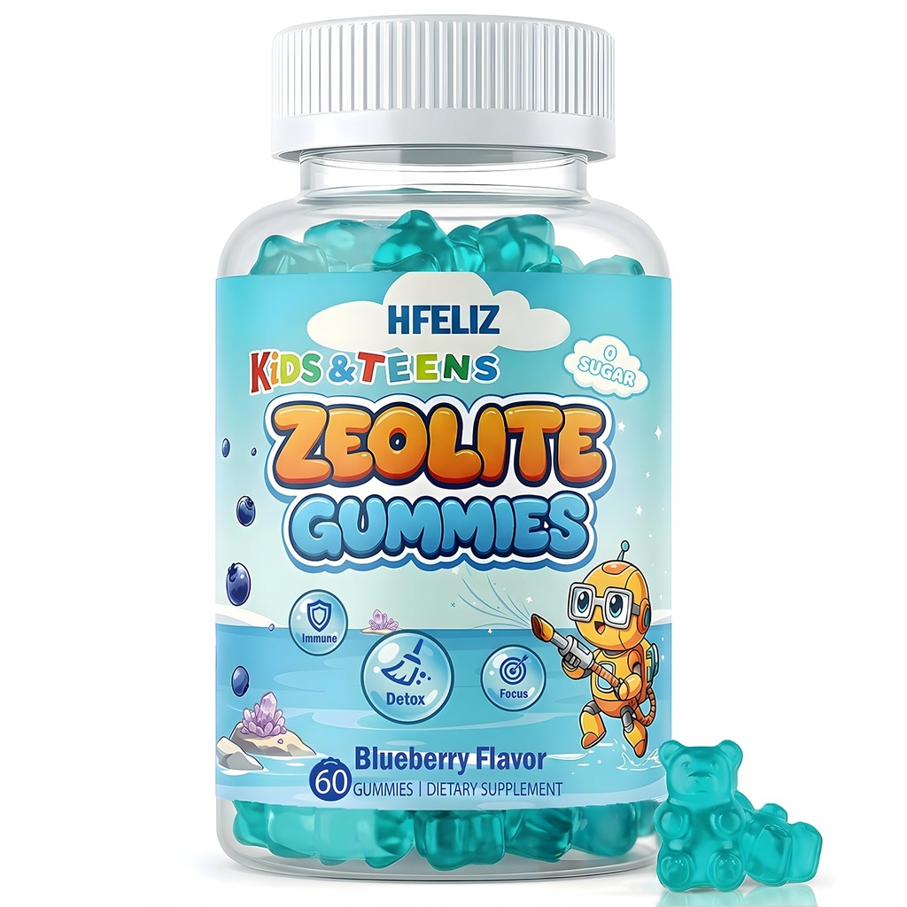 Zeolite Detox Gummies for Kids & Teens - Sugar Free Zeolite Clinoptilolite with Omega-3 DHA, Choline & Lutein - Supports Focus, Immune Health & Vision - Natural Blueberry, 60 Count