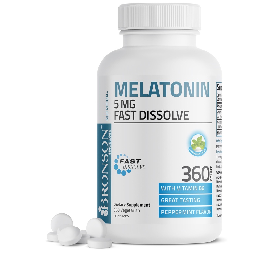 Bronson Melatonine 5mg snel oplossen Pepermunt tabletten met vitamine B6 - bevordert ontspanning, 360 Vegetarische kauwtabletten