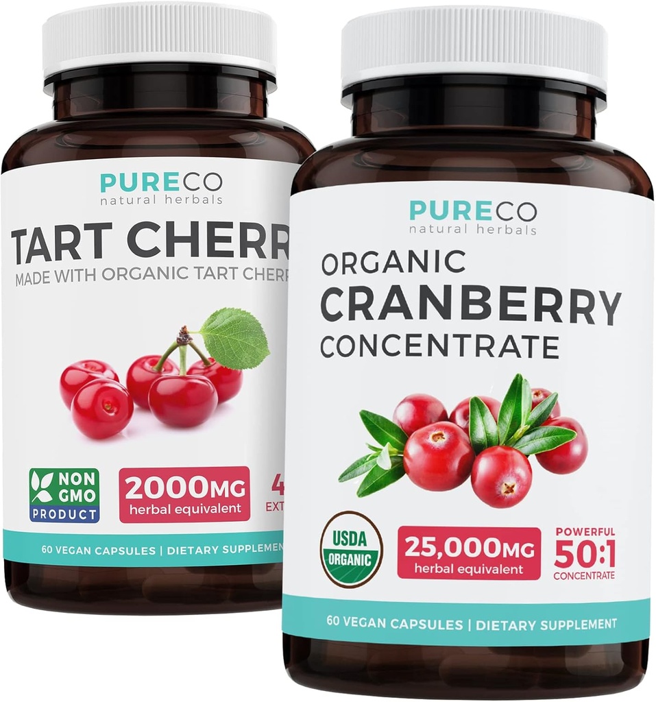 Bundle of Organic Cranberry Pills & Tart Cherry - Clean & Clear Bundle - Urinary Tract & Uric Acid Support - Organic Cranberry Pills - 50:1 Concentrate & Organic Tart Cherry Capsules - 4:1 Extract