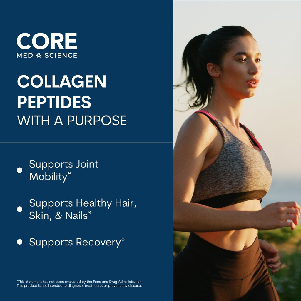 Core Med Science Collagen Peptides Powder - NSF Certified for Sport - Watermelon - Hydrolyzed Bovine Collagen Supplement for Women & Men Supports Skin, Hair, Joint & Bone Health - 30 Servings