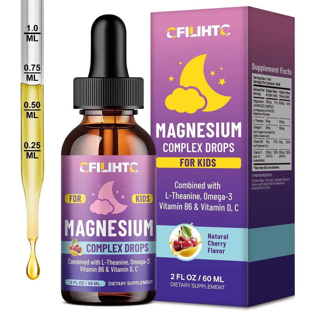 Kids Magnesium Liquid Drops-Magnesium Glycinate Liquid for Kids Supplement-w/L-theanine, Omega-3, Vitamin B6, D3 - for Sleep, Relaxation, Brain, Bones - Cherry Flavor, 2 Fl Oz