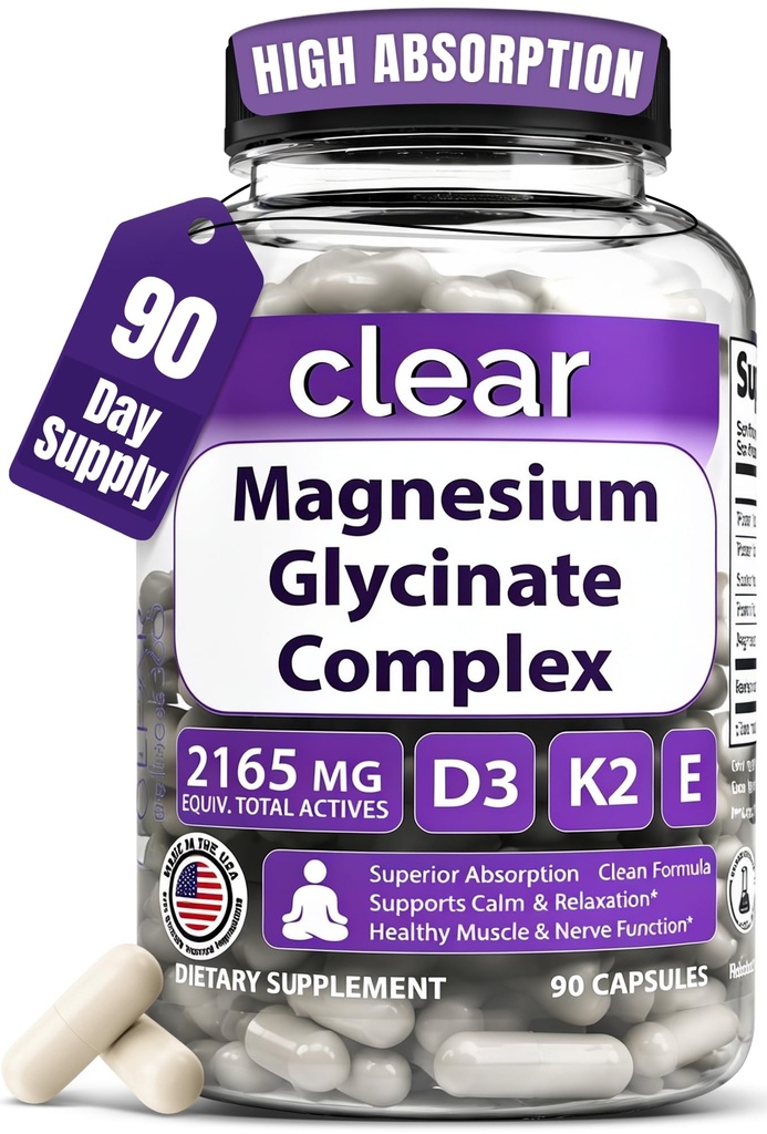 Clear Magnesium Glycinate Supplements Capsules for Women & Men with Vitamin D3, K2 & E - Support Sleep, Stress & Muscle with High Absorption Chelated Magnesium Supplement - Made in USA - 90 Day Supply