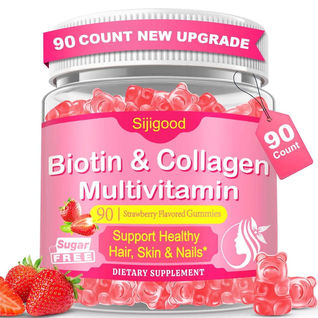90 Count | Collagen Peptides Gummies for Women Men, Multi Collagen Hydrolyzed Protein Type I,II,III,V,X, Biotin, Vitamin C B12 D A E for Skin Hair Nails, Bone, Sugar Free