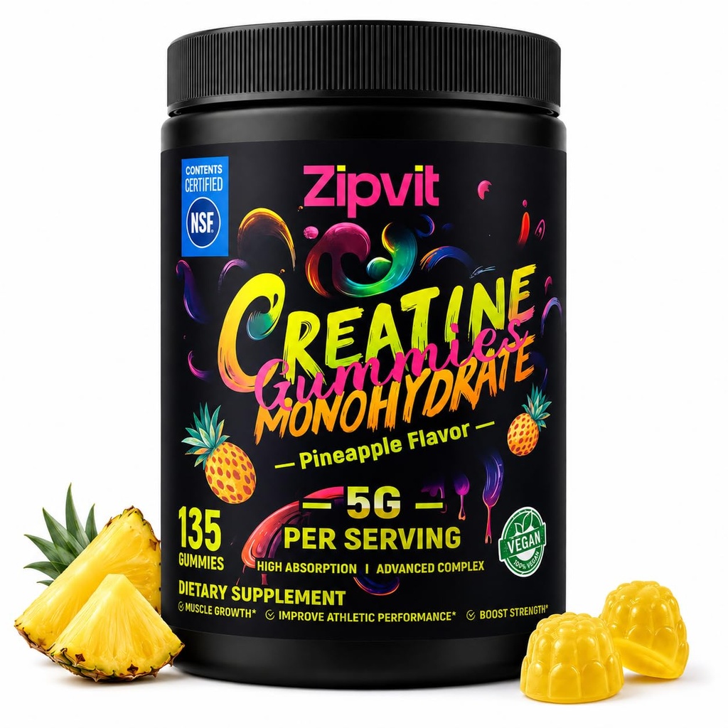 Creatine Monohydrate Gummies, NSF Certified Creatine Gummy, 5g Dose for Men & Women to Support Muscle, Strength, Recovery, Cognitive Health & Memory, Pineapple Flavor, 135 Gummies