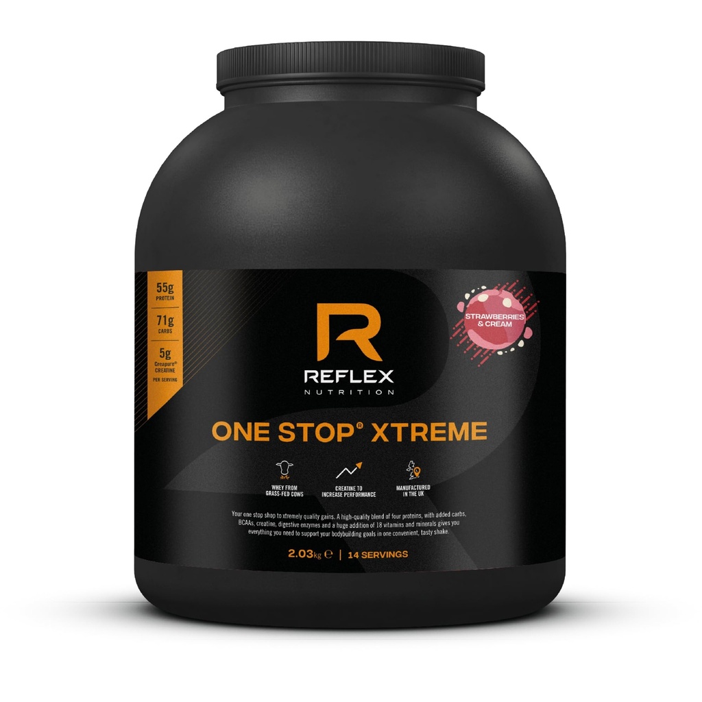 Reflex Nutrition One Stop Xtreme Serious Mass Protein Powder 55g Protein 10.3g BCAA'S, 73g Low GI Carbs 5,000mg Creatine & Added Vitamins (Strawberries & Cream, 2.03kg)