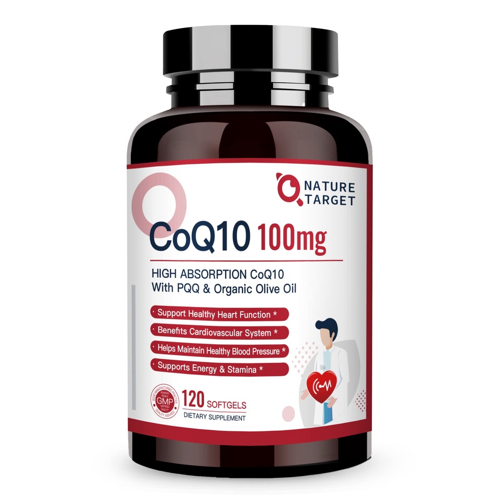 NATURE TARGET CoQ10-100mg-Softgels met 10mg PQQ - High Absorptie Coenzyme-Q10 met Organic-Olive-Oil - Antioxidant for Heart & Brain Health, Cellular-Energy-Production, 120 Servings