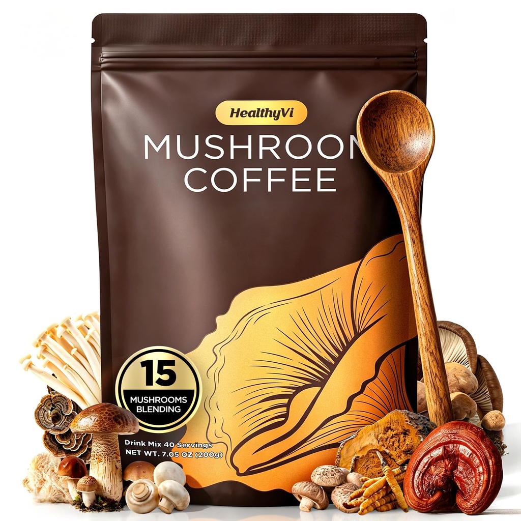 Mushroom Coffee with 15 Natural Mushrooms, Medium Roast Coffee With KSM-66 Ashwagandha & L-theanine Boosts Focus, Immunity, Energy, Mood & Gut Health, Arabica Instant Coffee, Vegan, 40 Servings