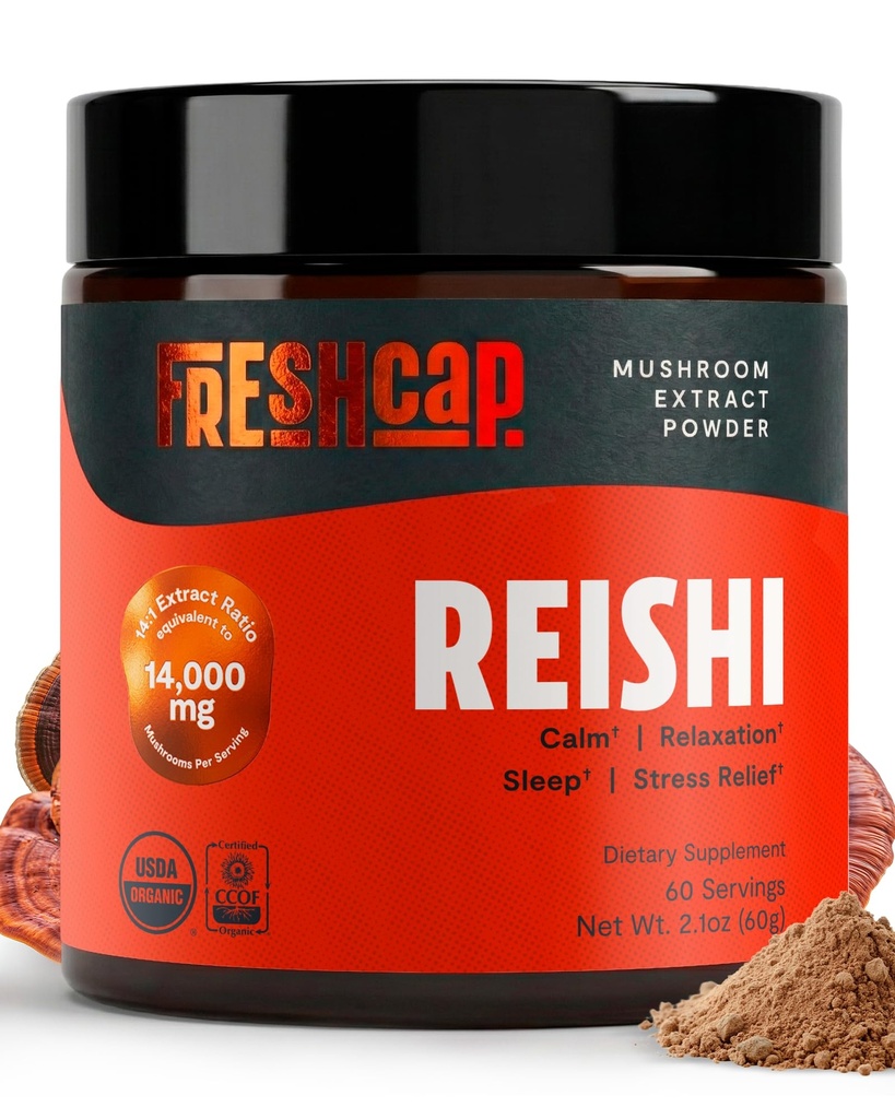 FreshCap Mushrooms Ayurvedic Premium Organic Reishi Powder - 14:1 Fruiting Body Extract with 27% Beta-Glucans - 3rd-Party Tested Nootropic for Calm, Balance and Stress Support (60 Servings)