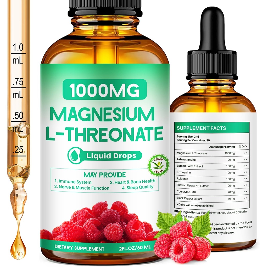 Magnesium L-Threonate 1000mg, Magnesium Threonate Enriched with Theanine, Apigenin, and Lemon Balm, Designed to Support Brain Health, Sleep & Memory, Featuring a Natural Raspberry Flavor, 60ml