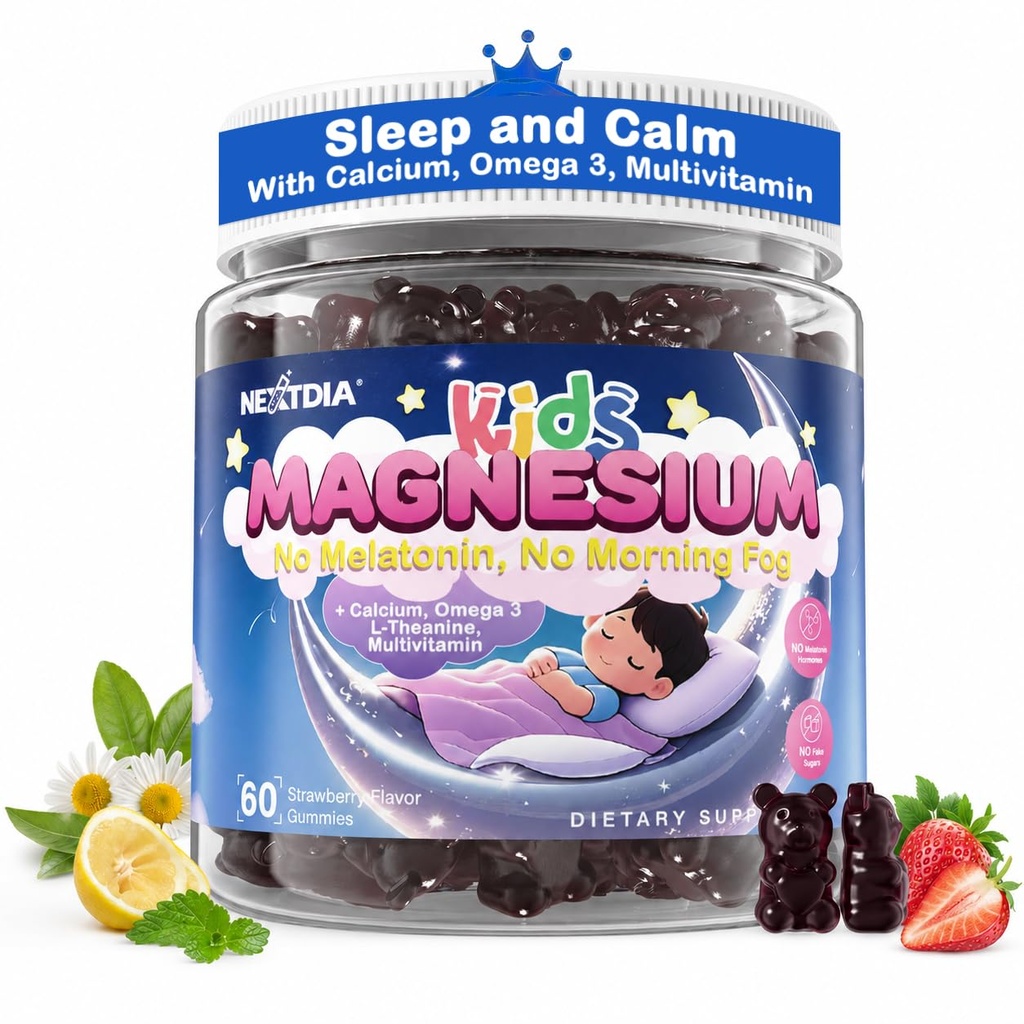 Kids Glycinate Magnesium Gummies + Calcium + Omega 3 - Melatonin Free Kids Sleep & Calm Gummies, Magnesium Gummies + L-theanine, B6, D3 & K2, Zinc, C for Restful Sleep, Bones, Brain & Immunity, 60Cts