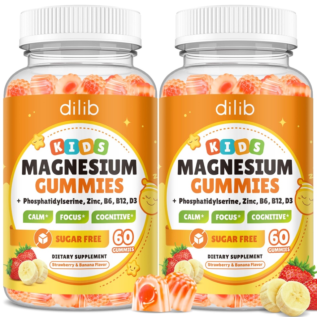 Magnesium Glycinate Gummies for Kids, Brain Supplement for Memory and Focus with Phosphatidylserine, L-Theanine, Zinc for Kids & Adults Sleep Cognition Calm, Strawberry & Banana Flavor 120ct