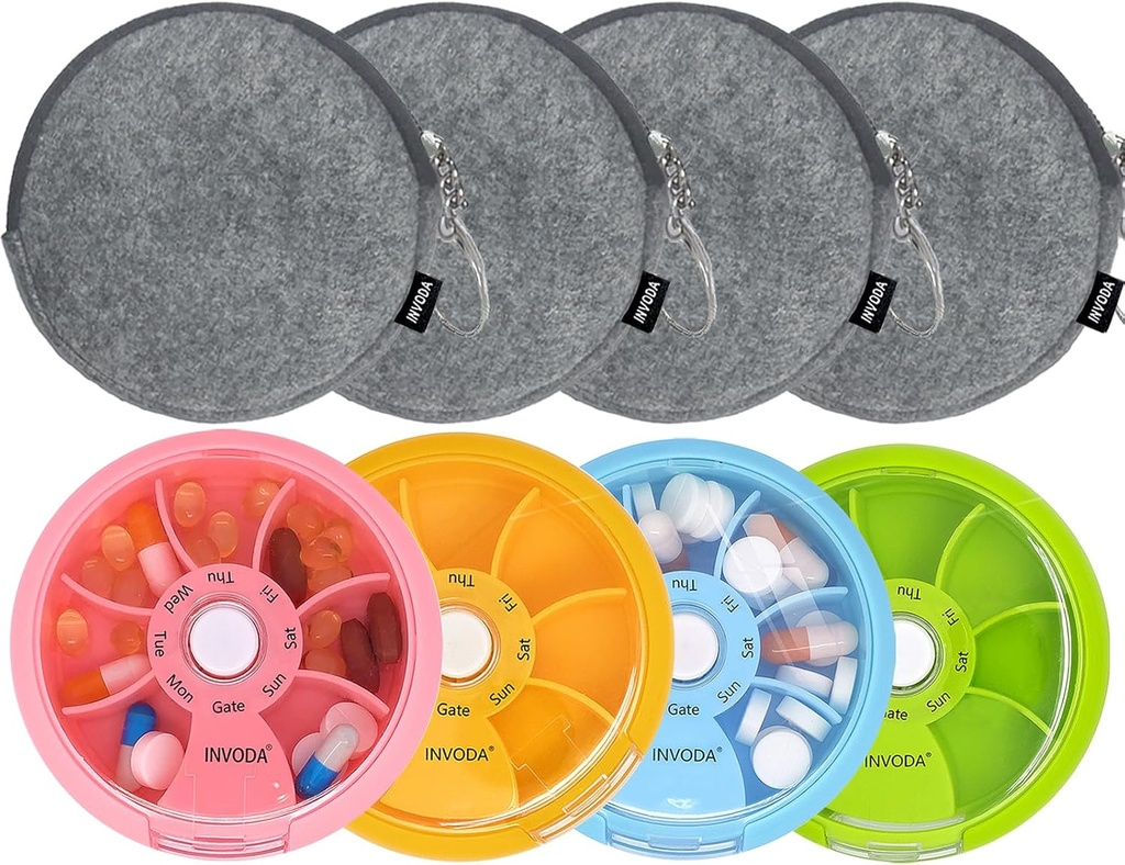 INFODA Wekelijkse pil Organisator 7 Compartiment Draaiende pil Box voor dagelijkse medicatie & vitamines - Portable Travel Pill Case Visolie Supplementen Vitaminen Organisator (4 Pill Box + 4 Bag)
