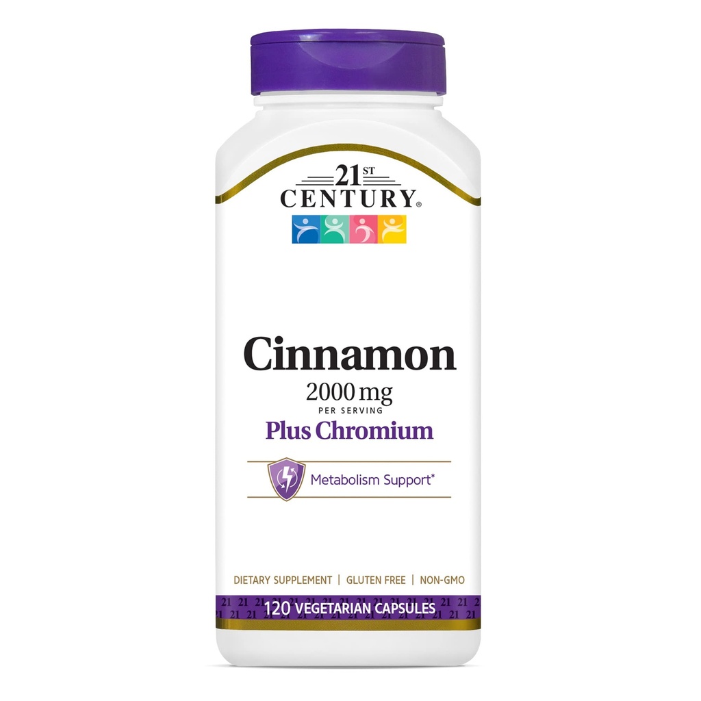 21e eeuw 2000 mg Cinnamon Plus Chroom Vegetarische Capsules (120 telling), kaneelsupplementen ondersteunt Suiker & Koolhydraat Metabolisme, Glutenvrije, Niet-GMO, Geen toegevoegde kunstmatige smaken