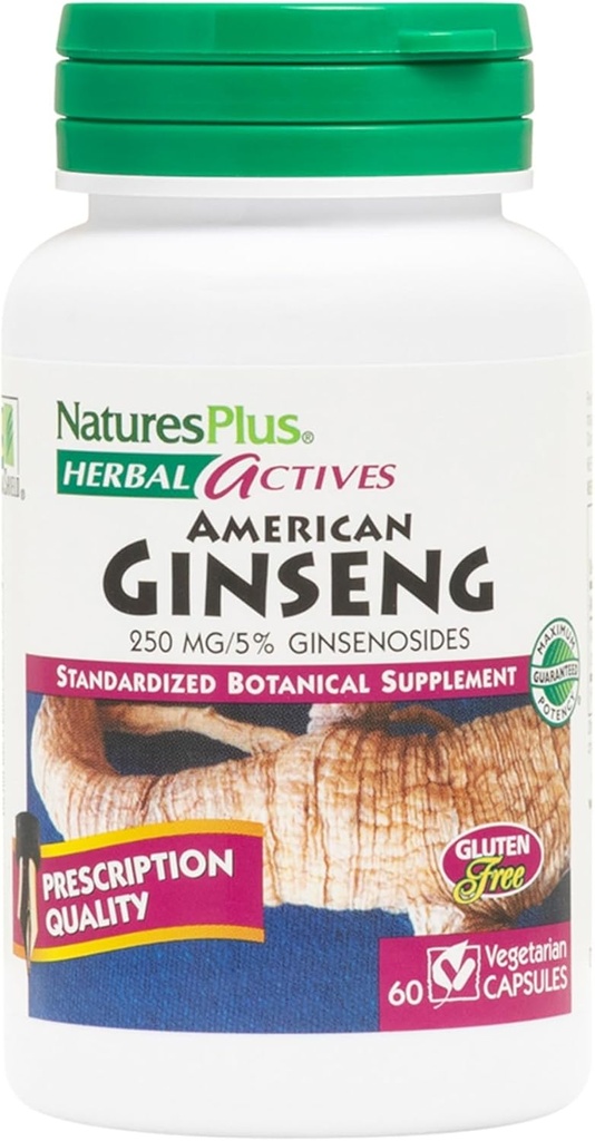 Natures Plus Herbal Actives American Ginseng - 250 mg, 5% Ginsenosides - 60 Vegan Capsules - Glutenvrije - 60 porties