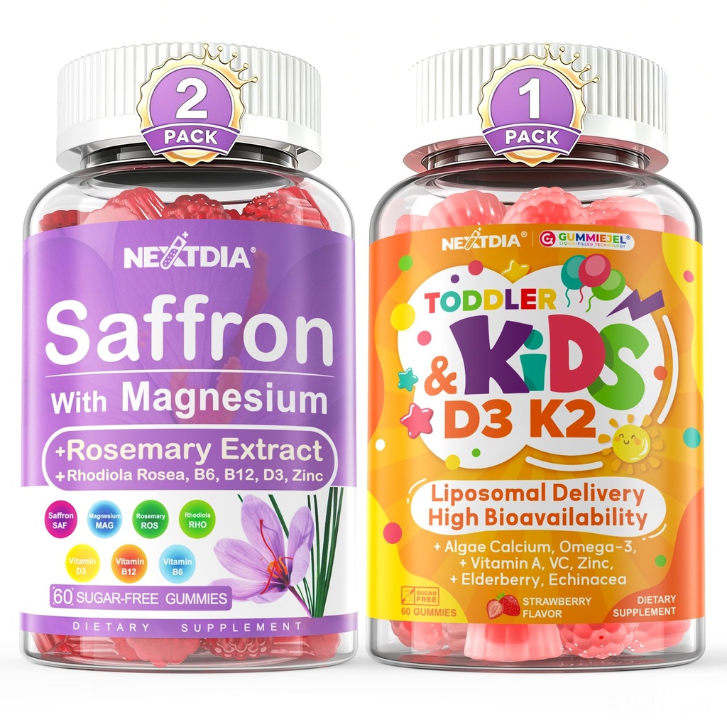 Nextdia Happy Saffron Supplements Gummies 2Pack + Toddler & Kids Vitamin D3 K2 Gummies 1Pack