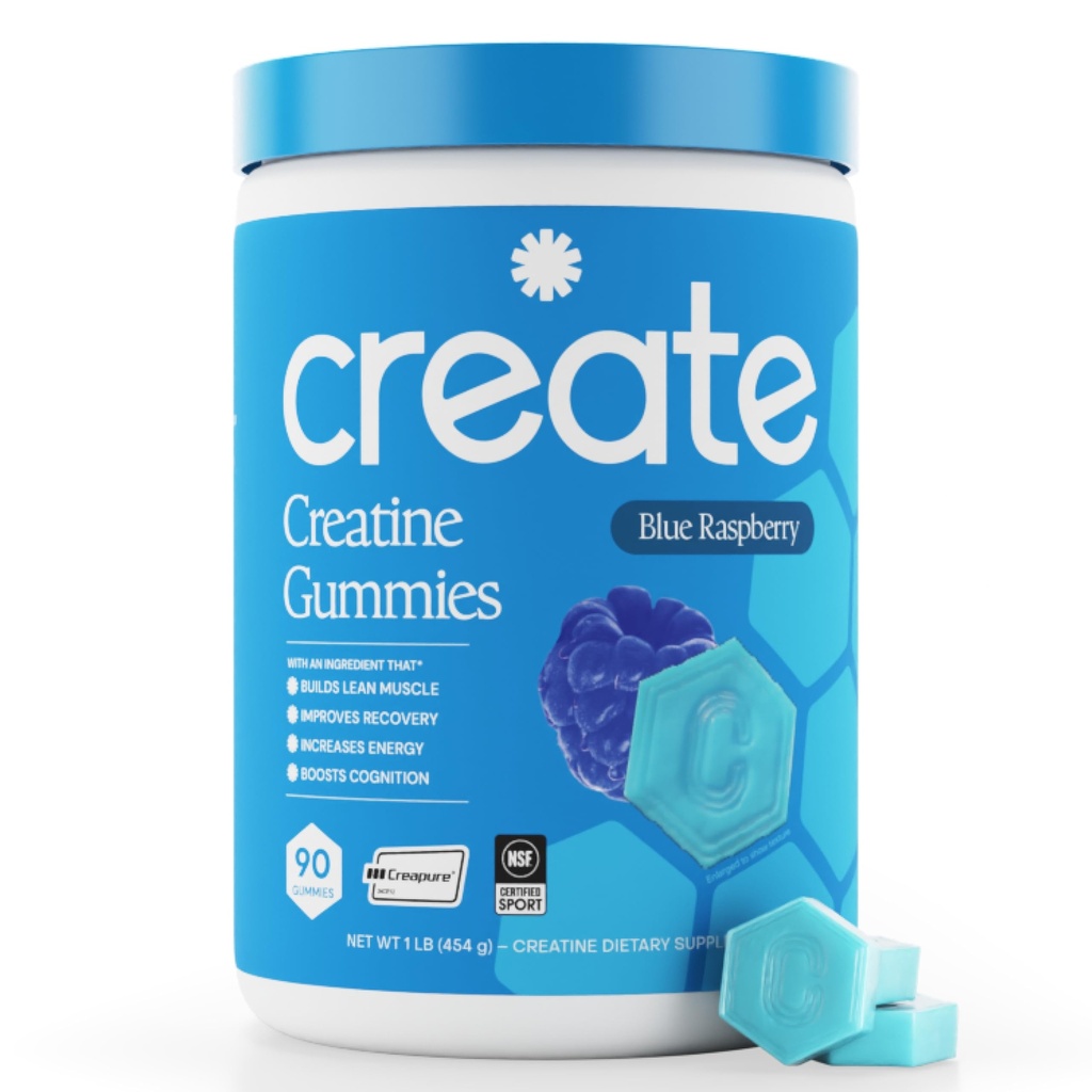 Creëer Creatine Monohydraat Gummy's voor mannen en vrouwen, Boost Focus, Kracht en Endurance, Anti-Melt Formula, Veganistisch, Glutenvrij, Non-GMO, 1,5 g Creatine per Gummy (Blauwe Raspberry, 90 ct)