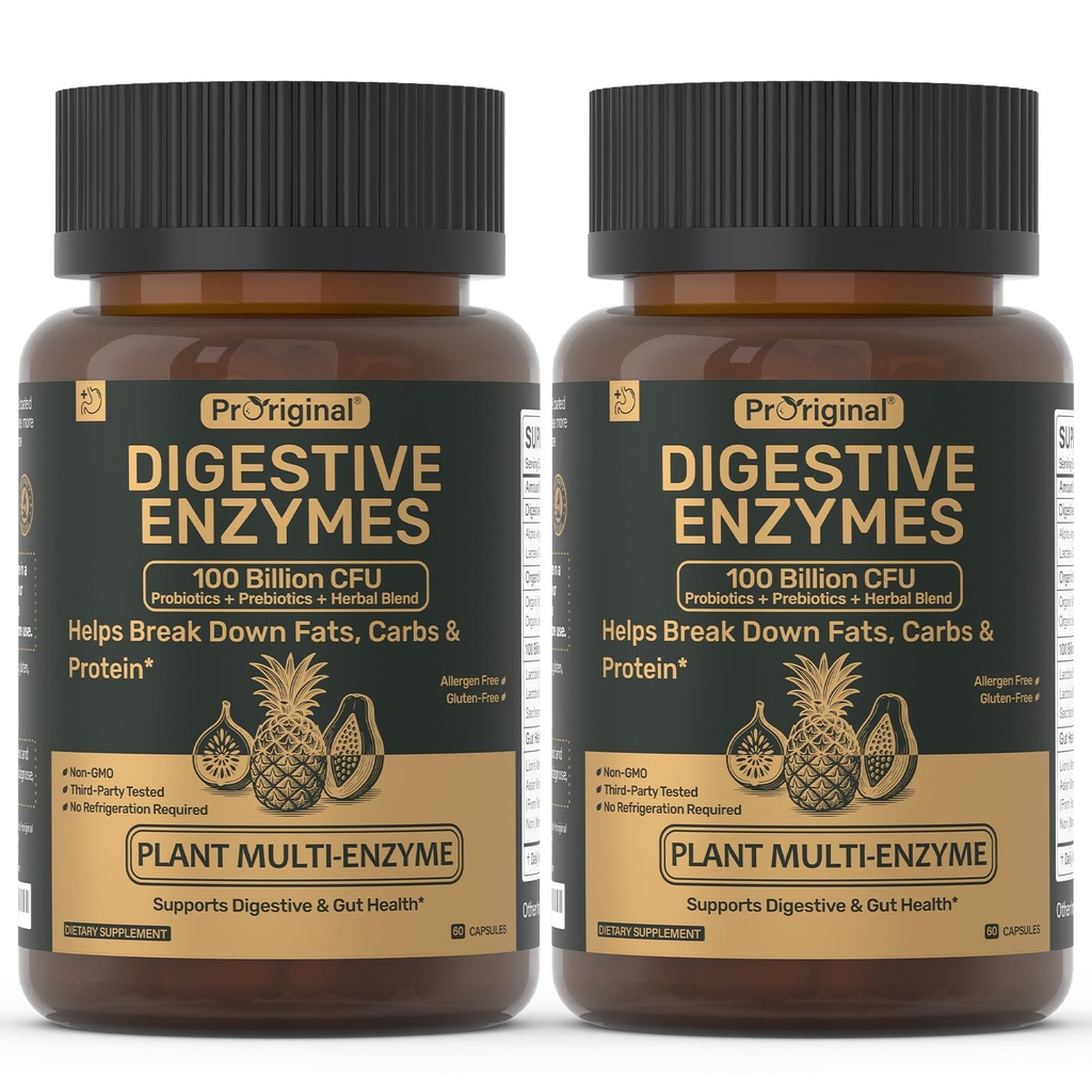 Digestive Enzymes Supplement with 100 Billion CFU Organic Probiotic & Prebiotic - Multi-Enzyme Formula for Women & Men - Supports Digestive & Gut Health, Aids Protein, Carb & Dairy Digestion, 120 Caps
