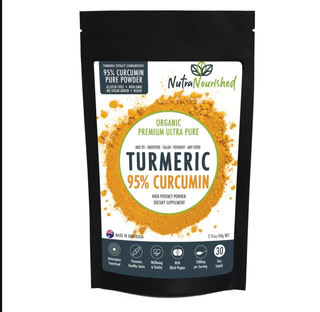 Organic Turmeric Curcumin Powder – 95% Curcuminoids (1500mg per Serve) with Black Pepper – Vegan, Gluten-Free, Non-GMO – Made in Australia (60g)
