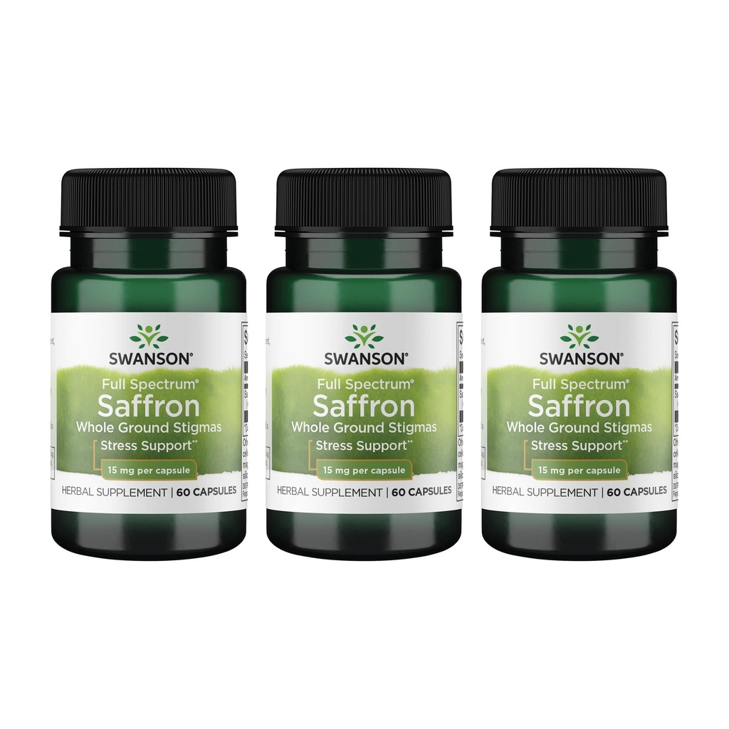 Swanson Full Spectrum Organic Spanish Saffron Mood and Stress Support Supplement for Adults Seeking Natural Relaxation - Whole Ground Stigmas (60 Vegan Capsules, 15 mg, 3 Pack)
