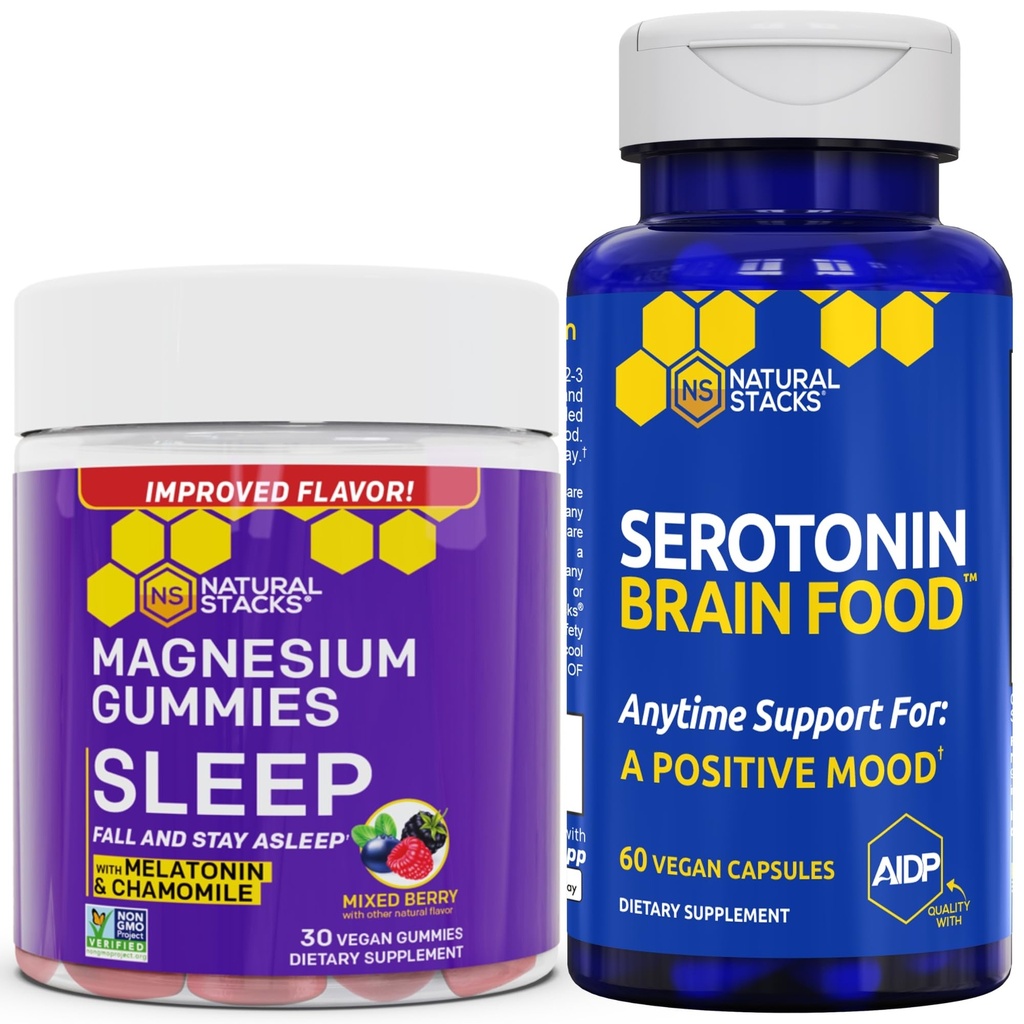 NATUURLIJKE STAKKEN Slapen Magnesium Gummies + Serotonine Hersenvoedselbundel - Ondersteunt kwaliteit Slaap &amp; Positieve Mood* - 90 Totaal Stukken